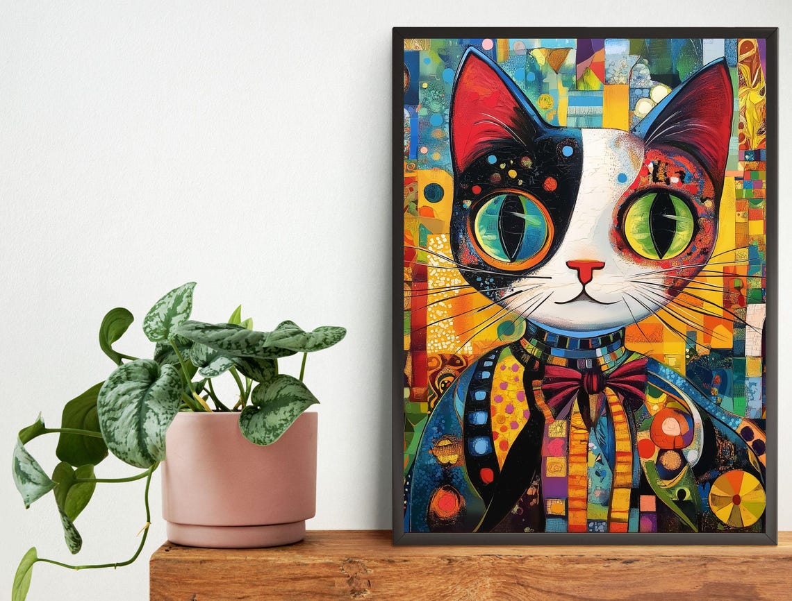 Colorful Mosaic Cat Bow Tie Patchwork Folk Art Cat Lovers Poster - Image 7