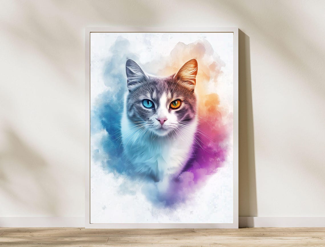 Gray Watercolor Cat Portrait Odd Eyes Pastel Splash Art Print - Image 8