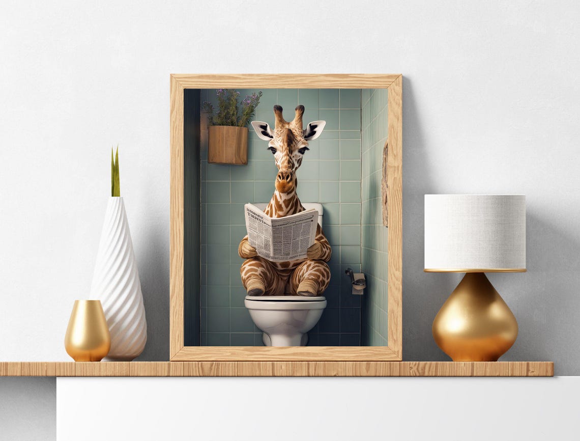 Funny Giraffe Toilet Newspaper Tiled Bathroom Humor Art Print - Image 6