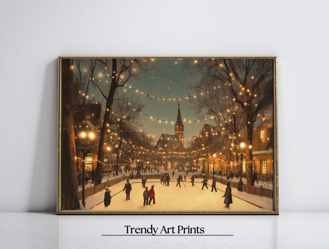 Winter Ice Skating Pond String Lights Church Vintage Art Print