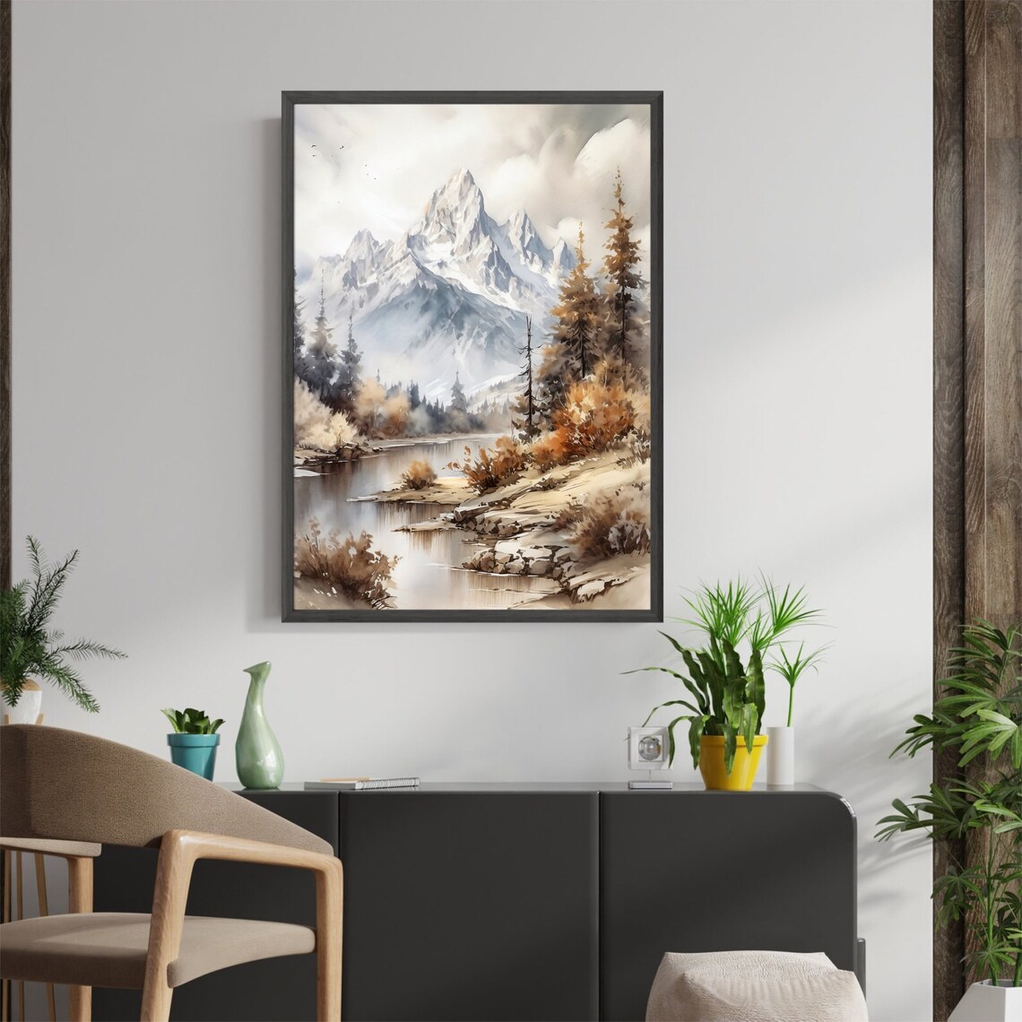 Grand Teton Watercolor Mountain Landscape Art Print - Image 2