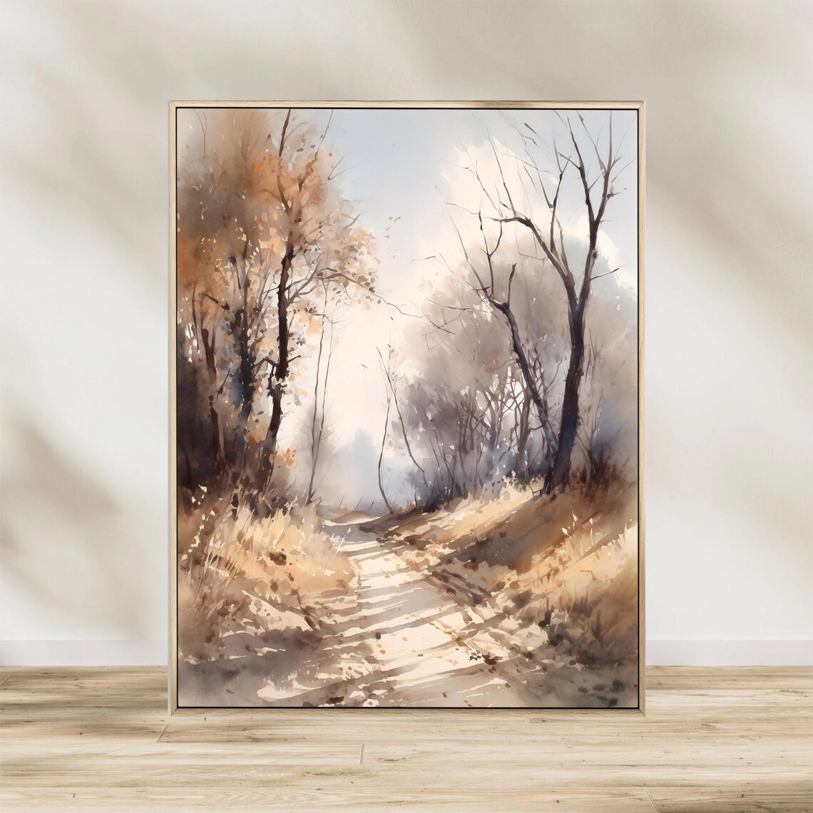 Sunlit Autumn Country Road Through Golden Trees Watercolor Nature Poster - Image 2
