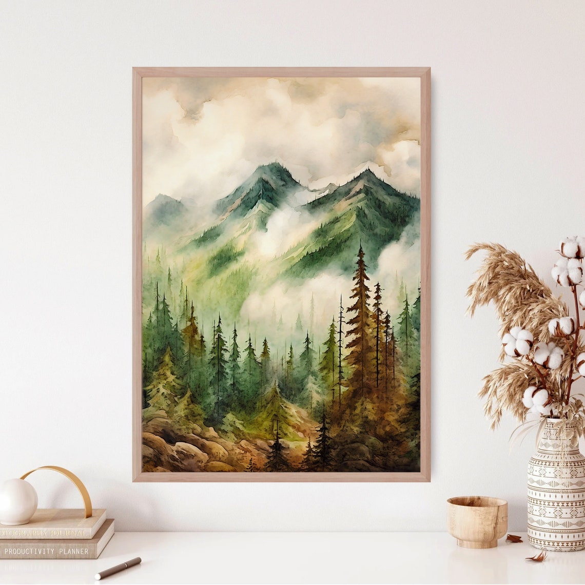 Misty Green Mountain Valley Pine Forest Sunrise Watercolor Poster - Image 3