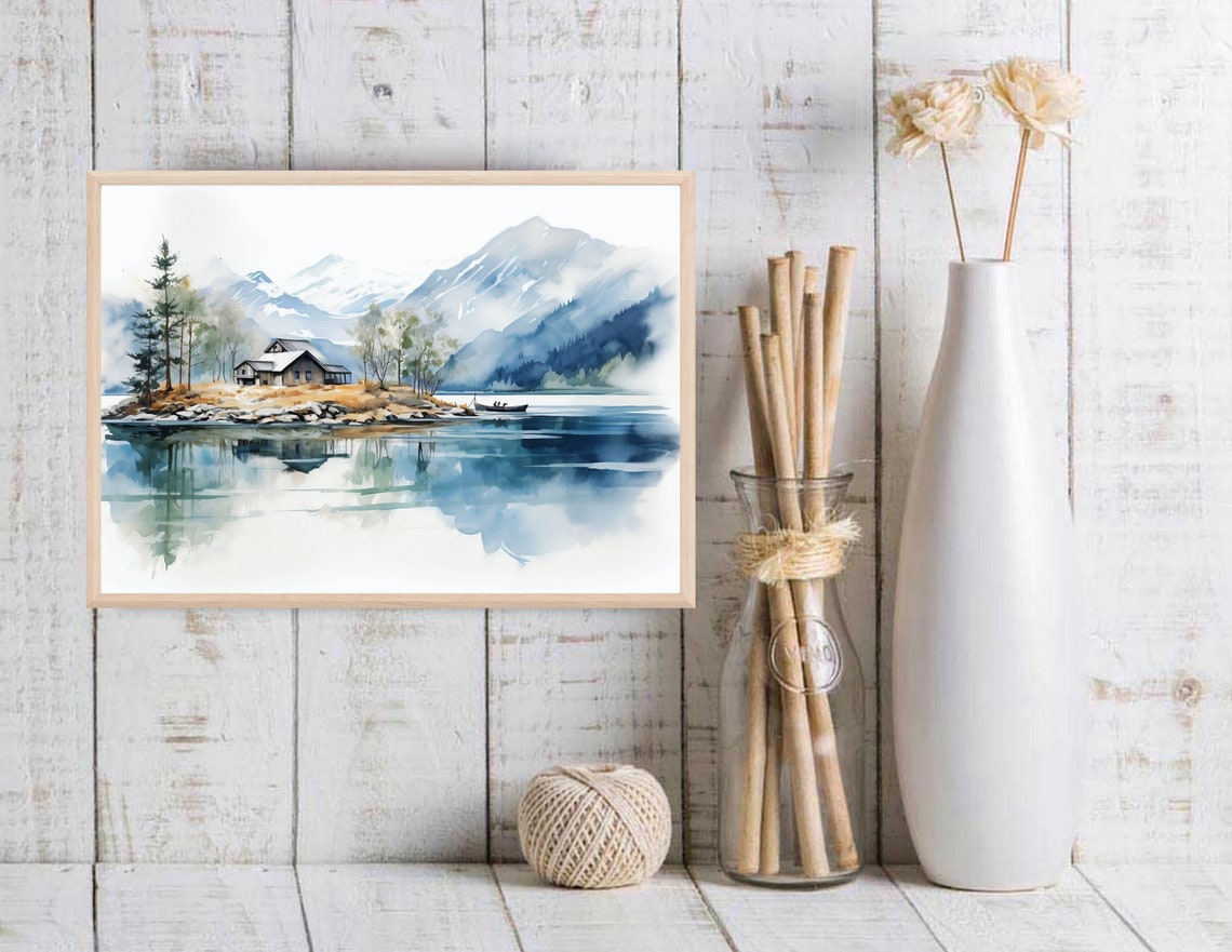 Mountain Lake Cabin Snowy Peaks Reflection Watercolor Poster - Image 3