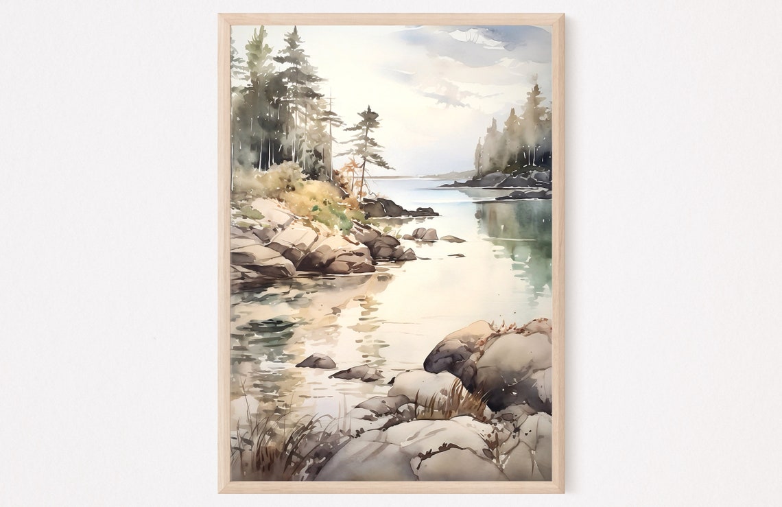 Tranquil Rocky Shoreline Pines Calm Water Watercolor Scenery Poster