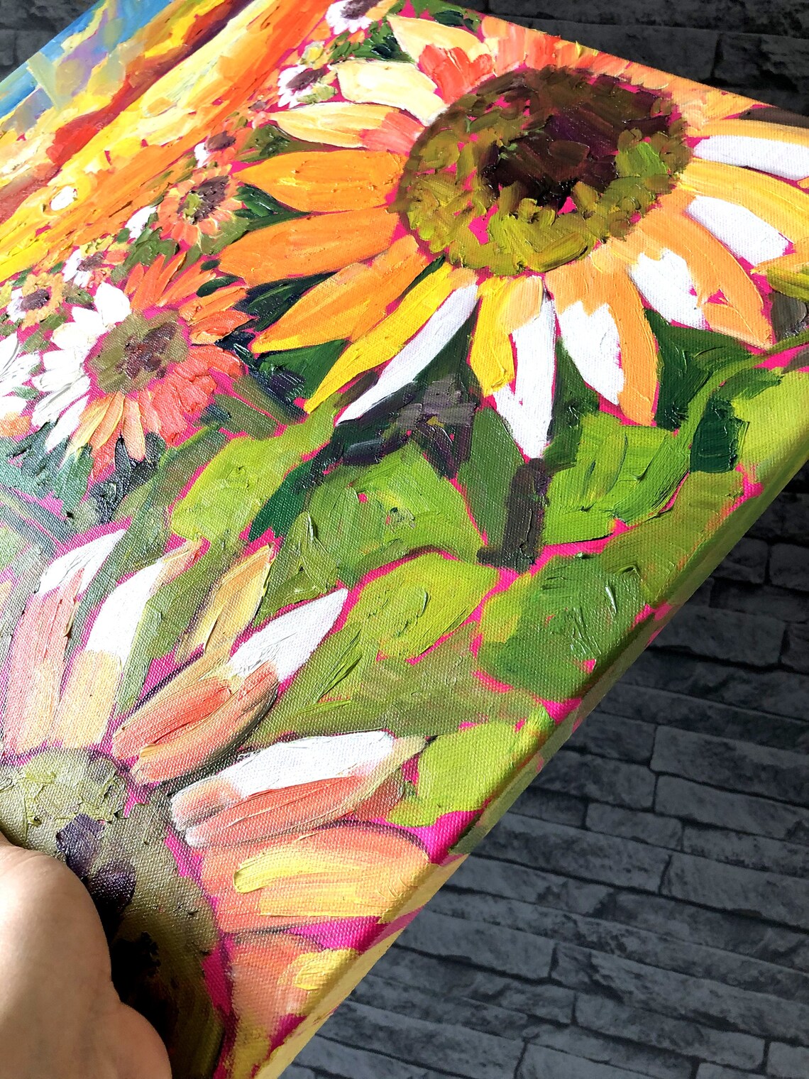 Sunflower Field Oil Painting with Vibrant Blooms and Sunset Poster - Image 4