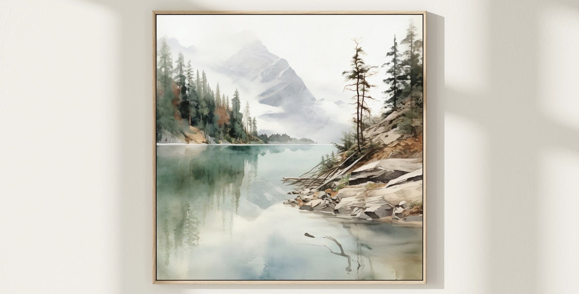 Quiet Mountain Lake Mirror Reflections Evergreens Watercolor Poster