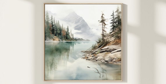 Neutral Landscape Mountain Lake Print Realistic Watercolor Square Wall Art Landscape Large Poster Home Decor Gift