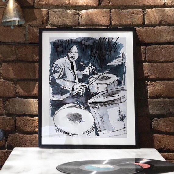 Jazz Drums Art Print, Charcoal Ink Drawing