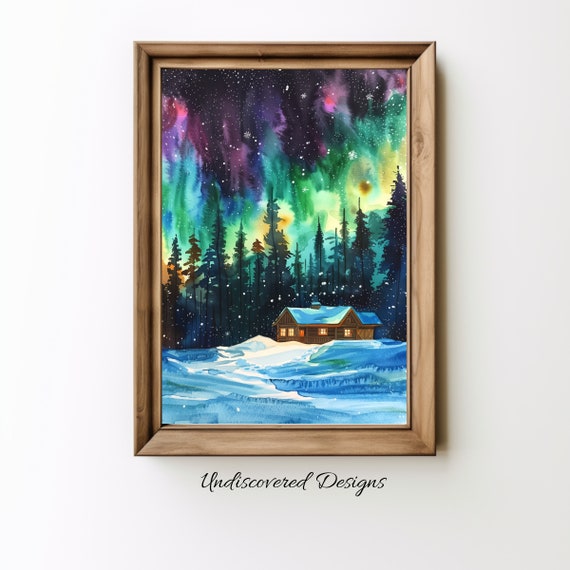 Snowy Aurora Borealis Landscape Art Print Vintage Winter Farmhouse Decor