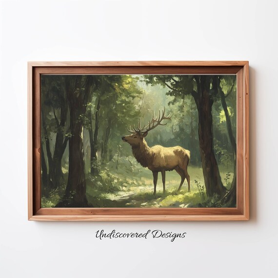 Vintage Forest Elk Painting Wall Art