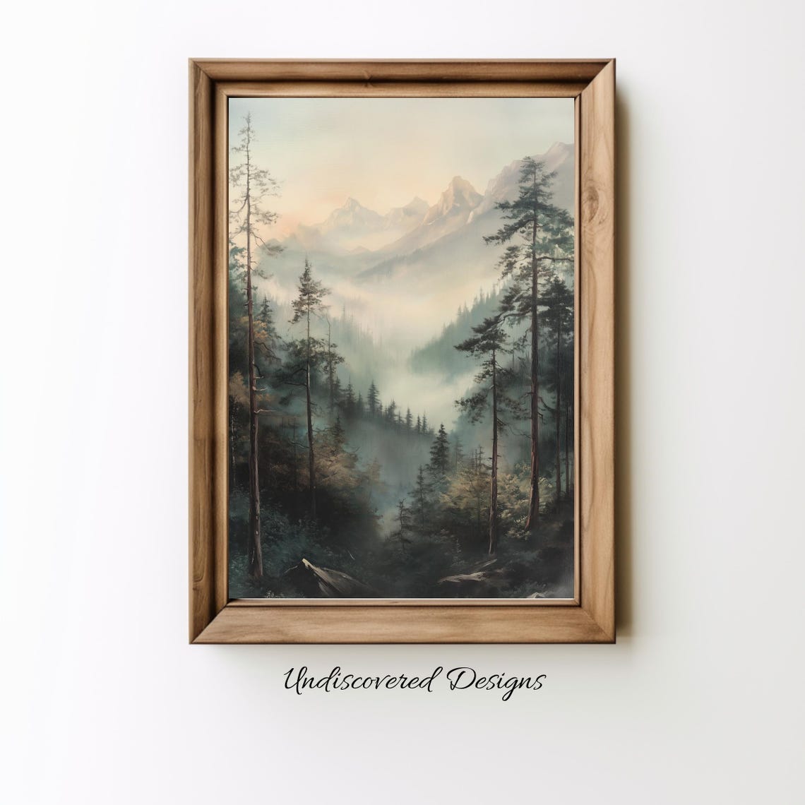 Misty Mountain Pine Forest Vintage Oil Painting Serene Poster
