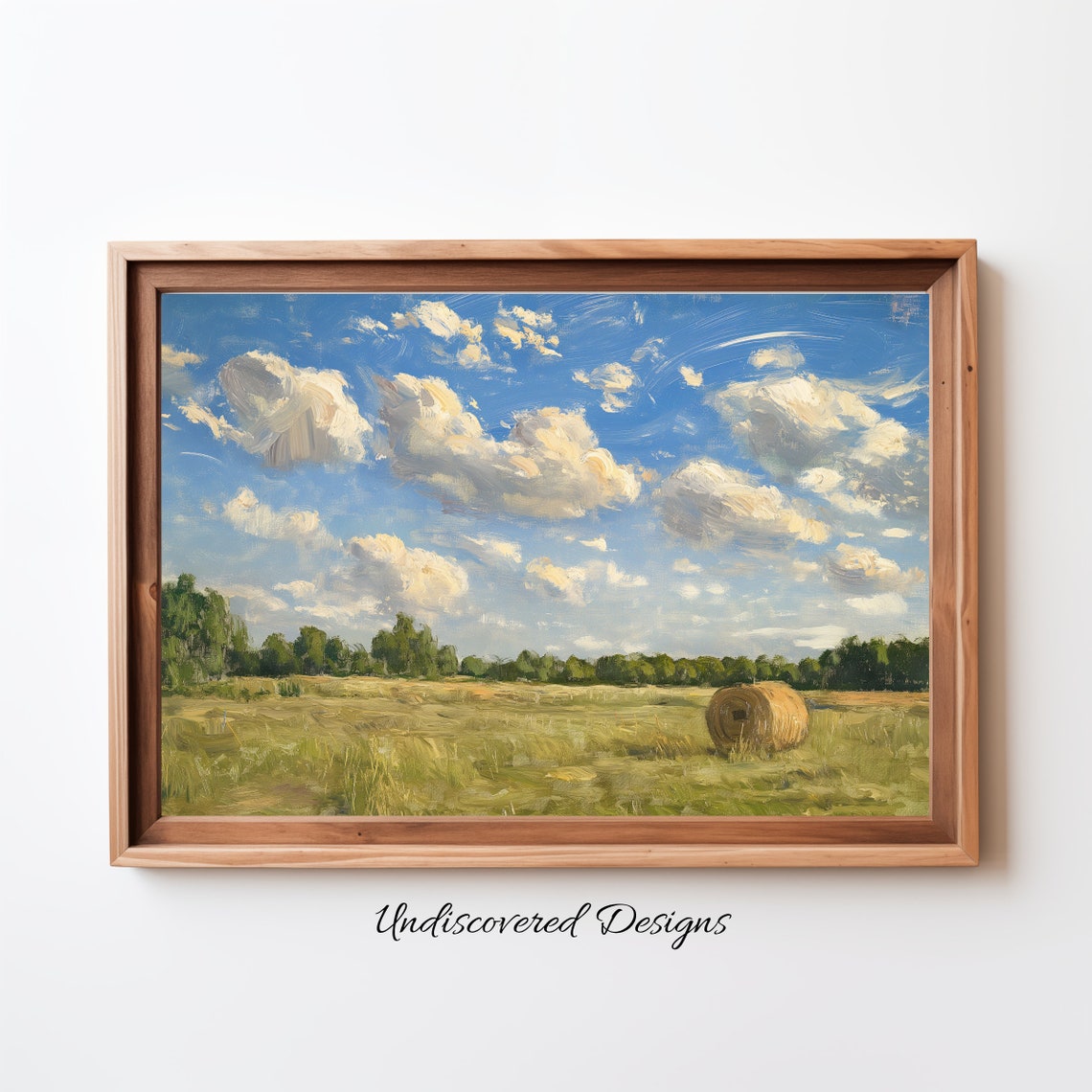 Golden Hay Field with Hay Bale Under Blue Sky Vintage Country Poster