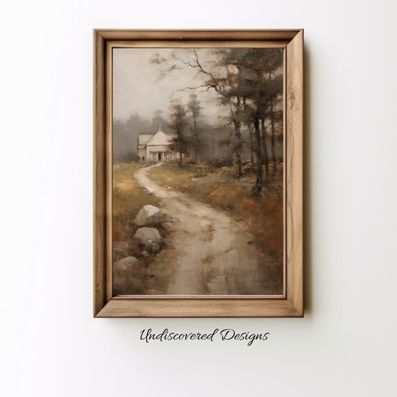 Rustic White Farmhouse Dirt Path Autumn Woods Oil Painting Poster