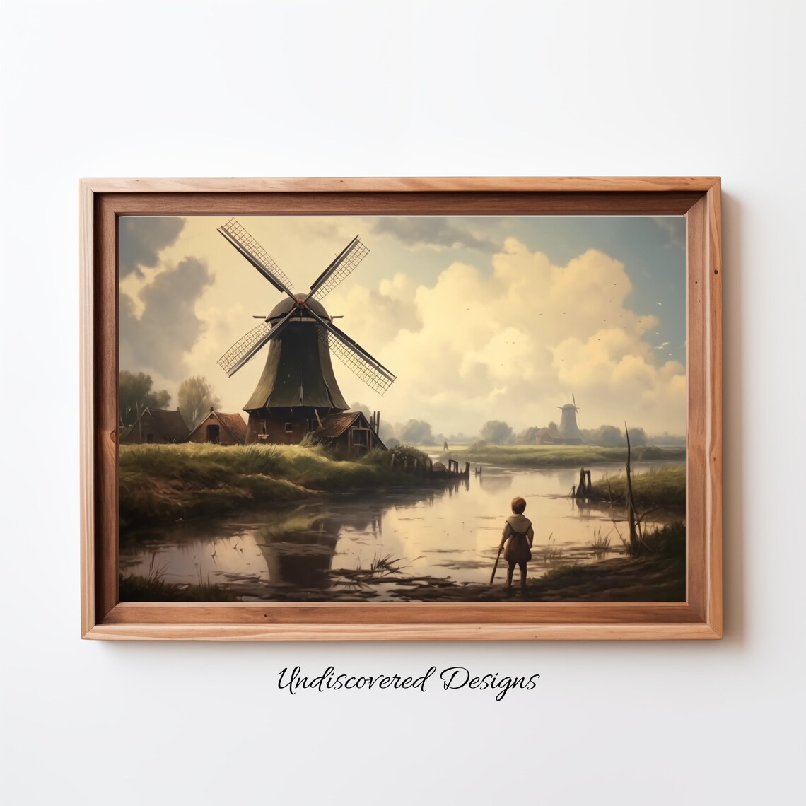 Dutch Windmill By The Water With Child Vintage Landscape Wall Art