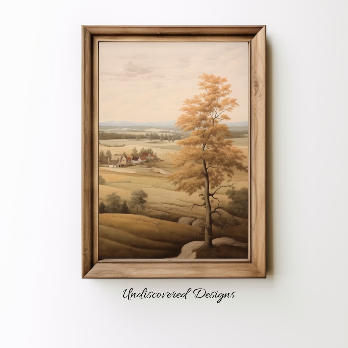 Rolling Farm Hills With Farmhouse And Golden Tree Vintage Wall Art