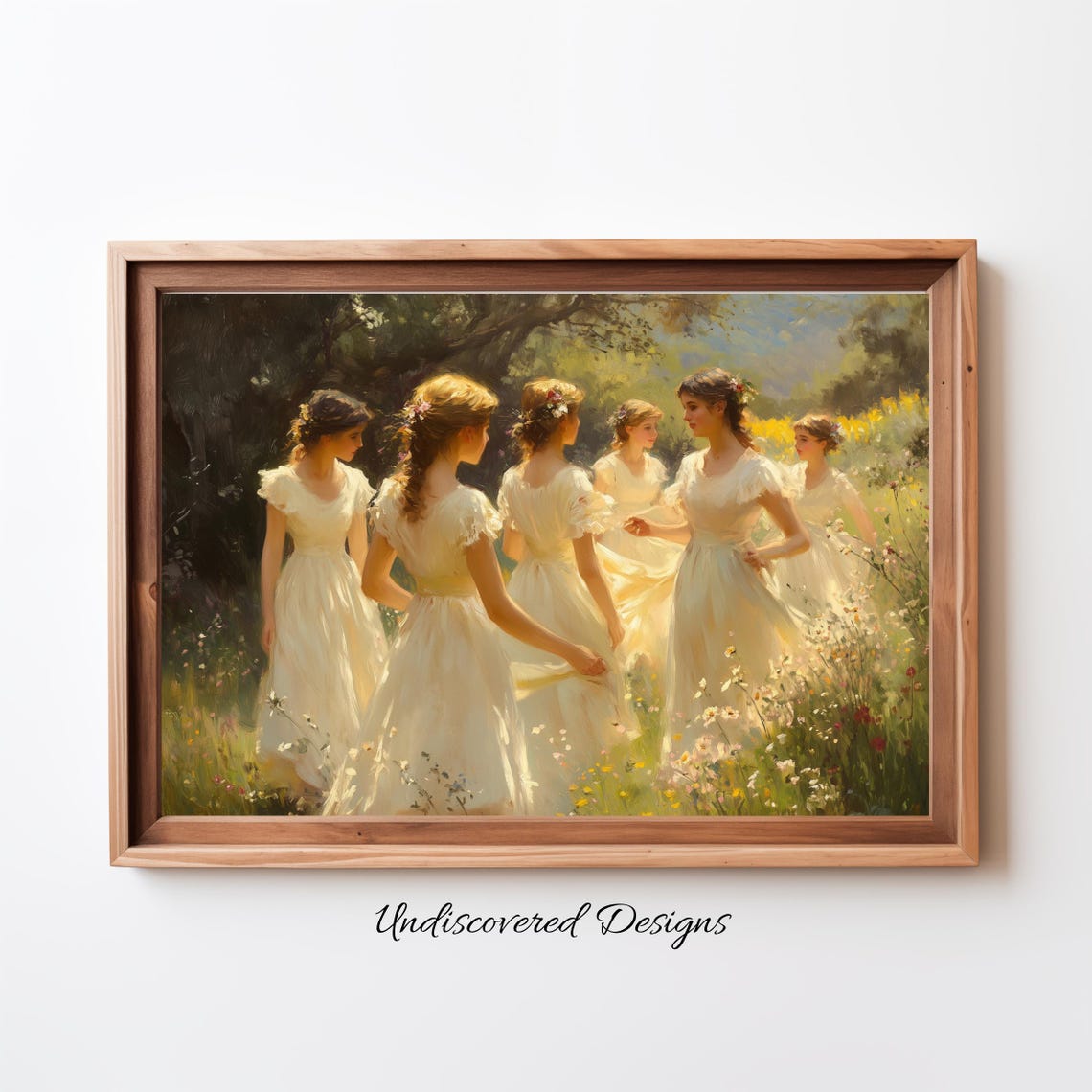 Vintage Women In White Dresses Dancing Meadow Classic Painting Poster