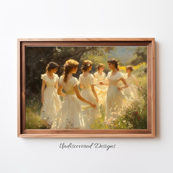 Vintage Women In White Dresses Dancing Meadow Classic Painting Poster