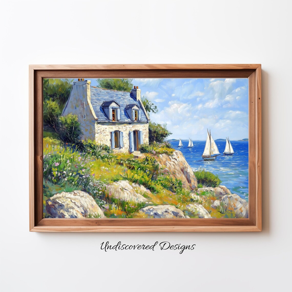 Stone Coastal Cottage On Cliffs With Sailboats Seascape Oil Painting Poster