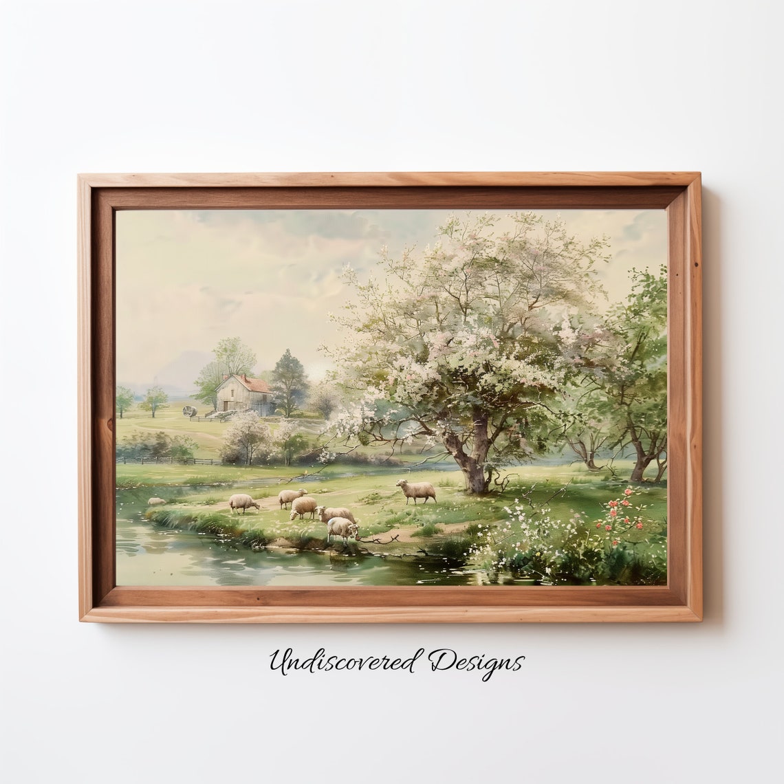 Vintage Spring Farmhouse Sheep Grazing Stream Blossom Tree Poster