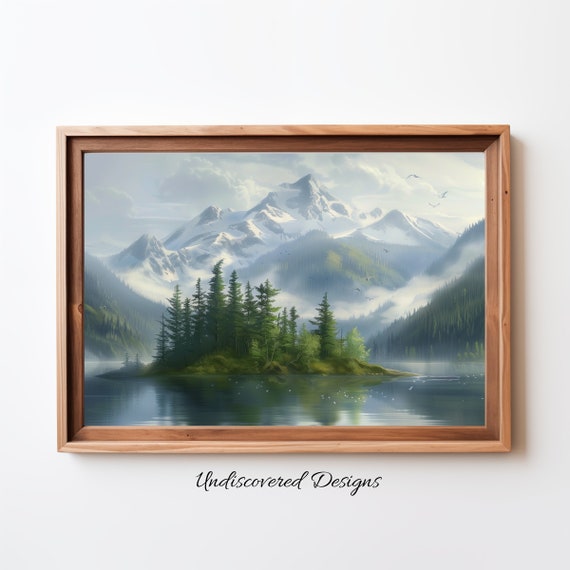 Mountain Lake Island Art Print Vintage Oil Painting
