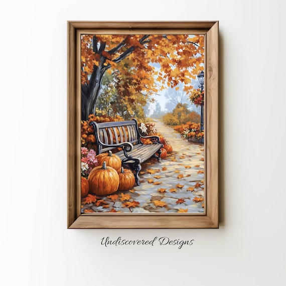 Autumn Park Bench Pumpkins Falling Leaves Cozy Seasonal Poster