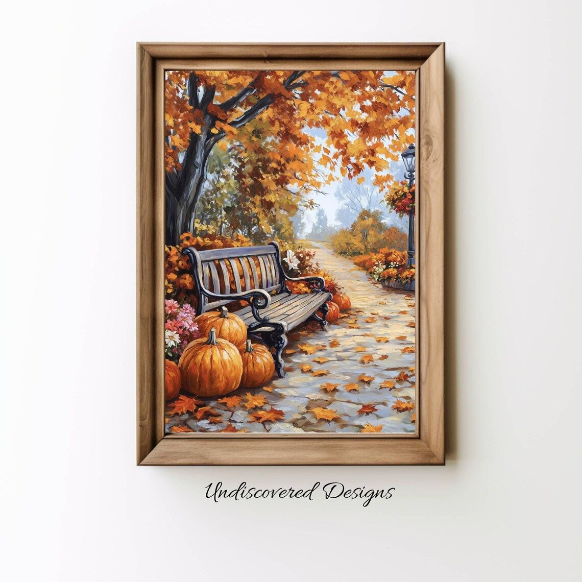 Autumn Park Bench Pumpkins Falling Leaves Cozy Seasonal Poster