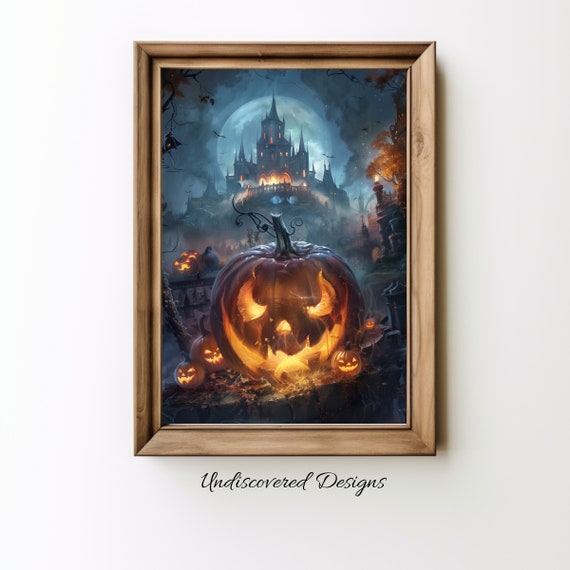 Spooky Halloween Pumpkin Art Vintage Castle Oil Painting Print