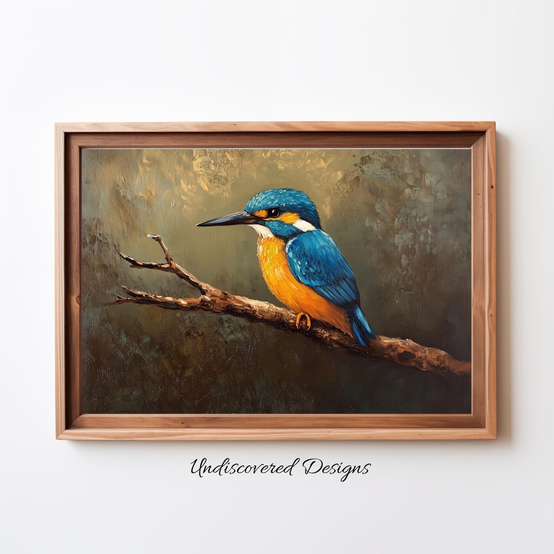 Kingfisher Perched on Branch Vintage Oil Painting Bird Poster