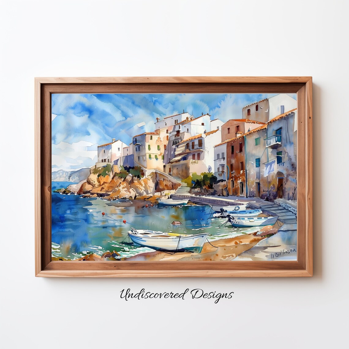 Mediterranean Seaside Village Watercolor With Boats And Harbor Poster