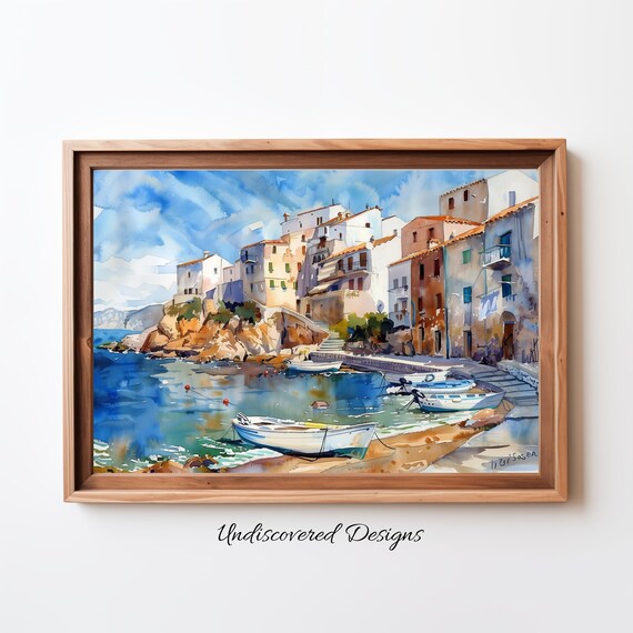Mediterranean Seaside Village Watercolor With Boats And Harbor Poster
