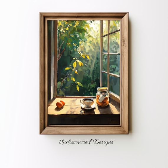 Sunlit Garden Window Still Life With Coffee Cup Morning Art Poster