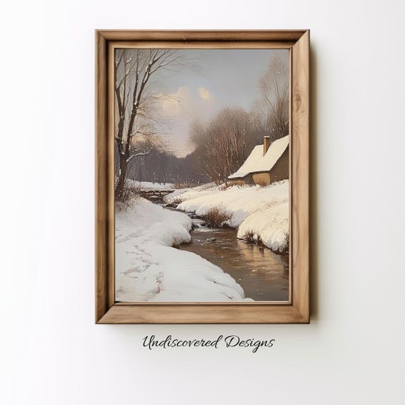 Winter Farmhouse Print Snowy River Vintage Art