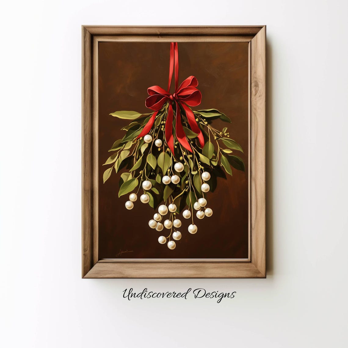 Hanging Mistletoe with White Berries Red Ribbon Christmas Poster