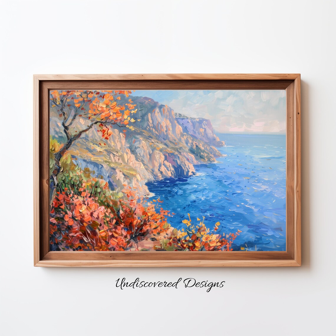 Autumn Coastal Cliffs Over Sparkling Blue Sea Oil Painting Art Poster