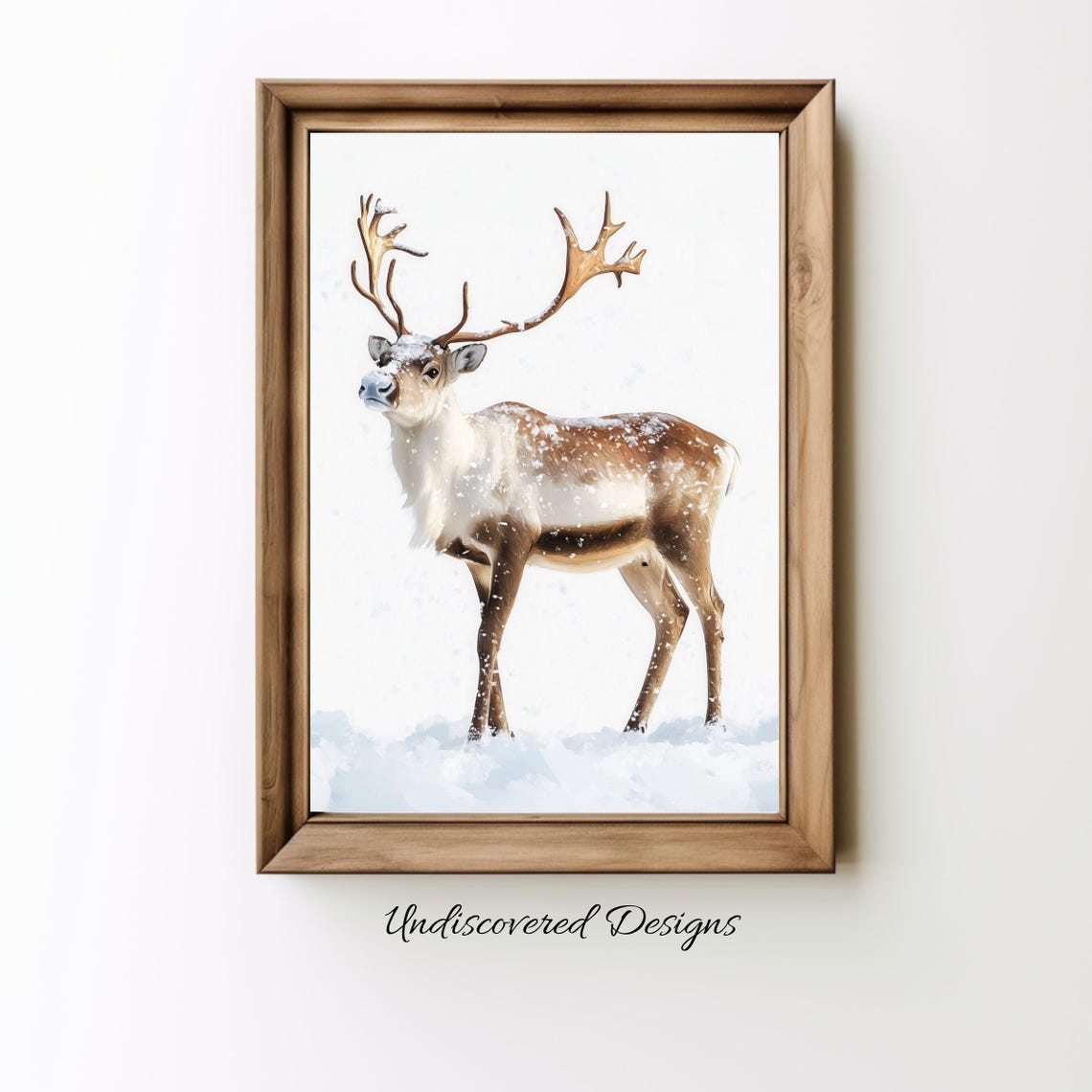 Reindeer Standing In Falling Snow Winter Farmhouse Art Poster