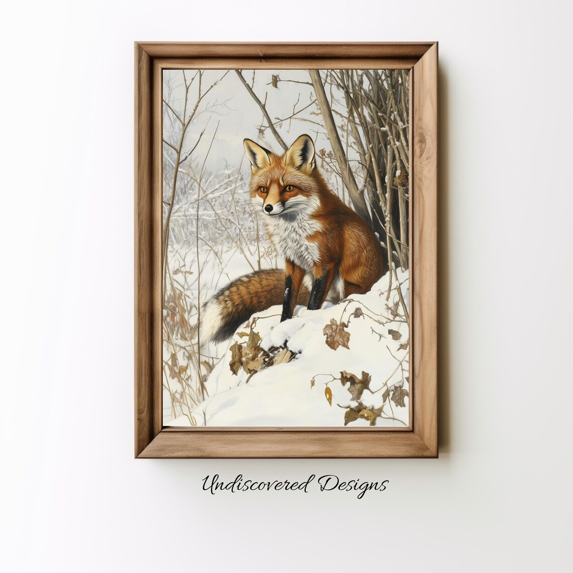 Fox Sitting In Snow Wall Art Vintage Print Winter Farmhouse Decor Printout