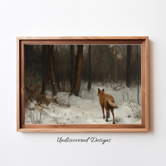 Wall Art Fox Walking In Snowy Field Vintage Print Winter Decor Cozy Farmhouse Accent
