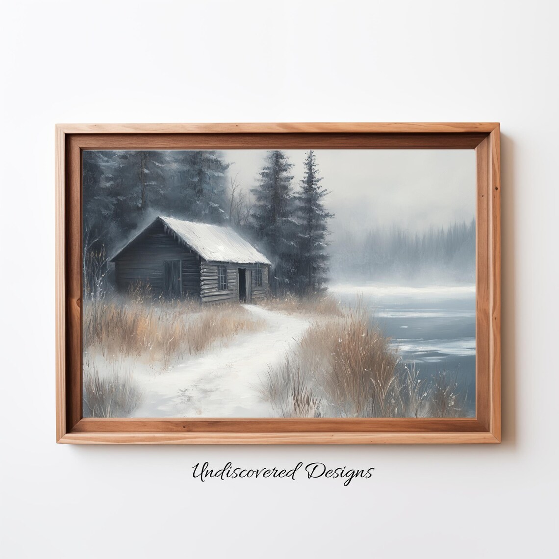 Old Cabin In Snowy Woods By Frozen Lake Winter Farmhouse Poster