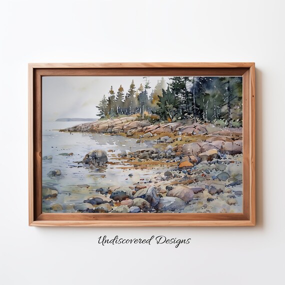 Rocky Beach With Evergreen Trees Soft Watercolor Coastal Poster