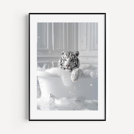 White Tiger In Bathtub Art Print Cheetah Poster Bathroom Prints Tiger Wall Print Bathroom Decor Bathroom Wall Art Tiger Poster Funny Posters