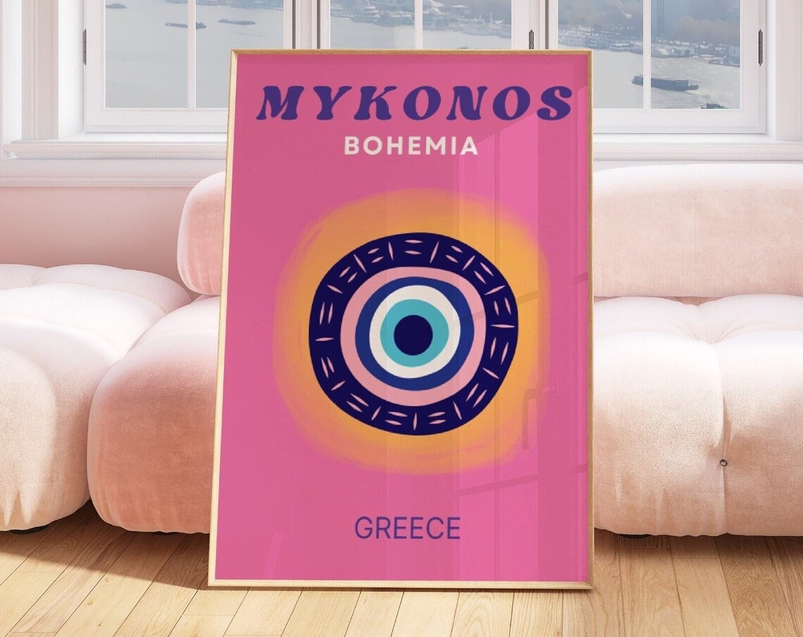 Mykonos Greece Evil Eye Bohemian Sunny Pink Travel Art Poster