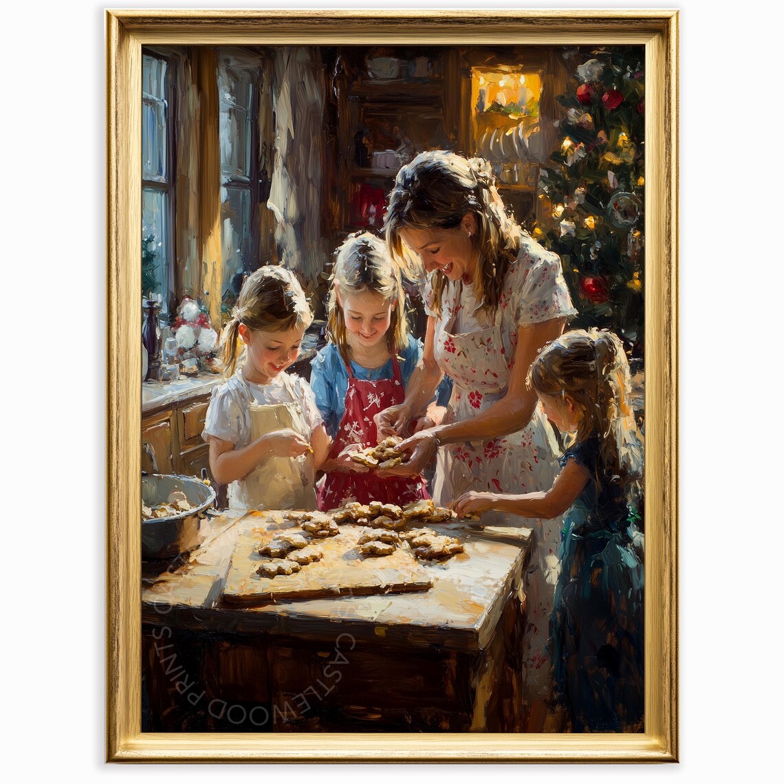 Christmas Cookie Baking Family Cozy Holiday Kitchen Oil Painting Poster