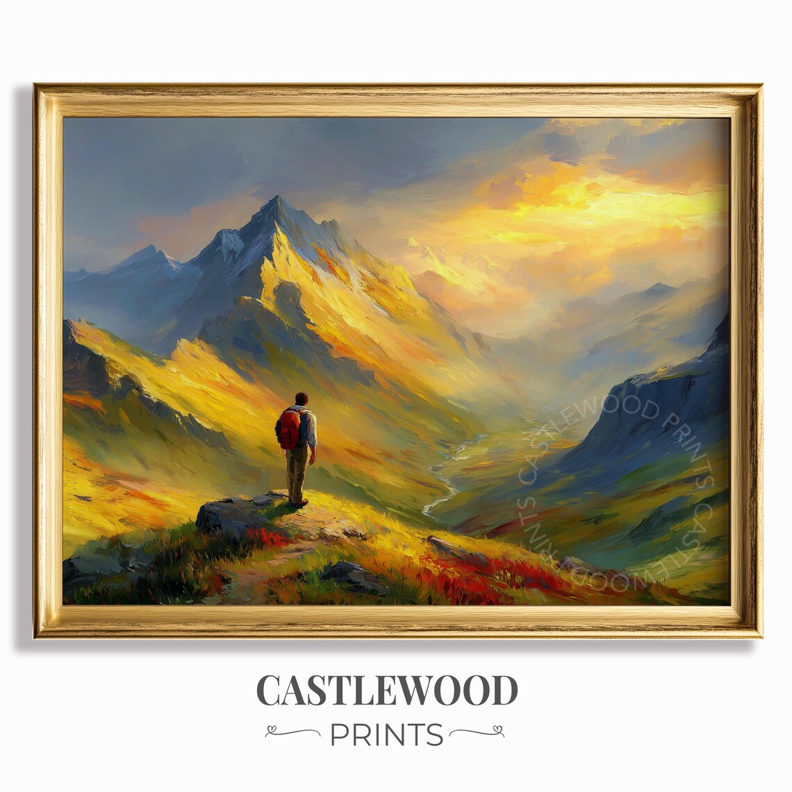 Hiker Overlooking Golden Mountain Valley Sunset Adventure Art Poster