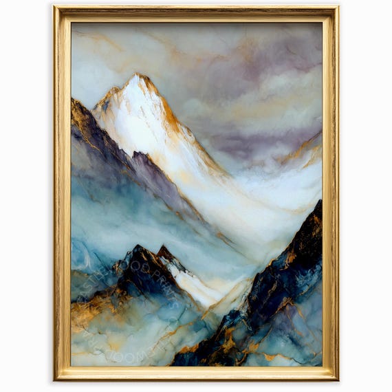 Mountain Landscape Painting Mixed Media Art On Marble Moody Rustic Decor Earthy Scene Wall 938