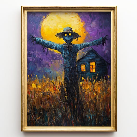Rustic Halloween Scarecrow In Moonlit Cornfield Spooky Autumn Wall Art Country Farmhouse Decor Creepy Night Painting 199