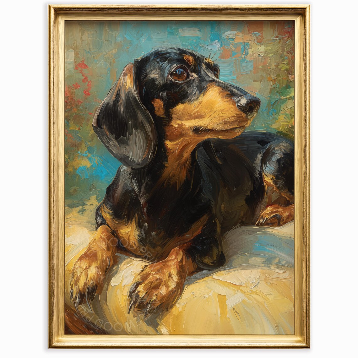 Black Tan Dachshund Oil Portrait Turquoise Background Close Up Poster