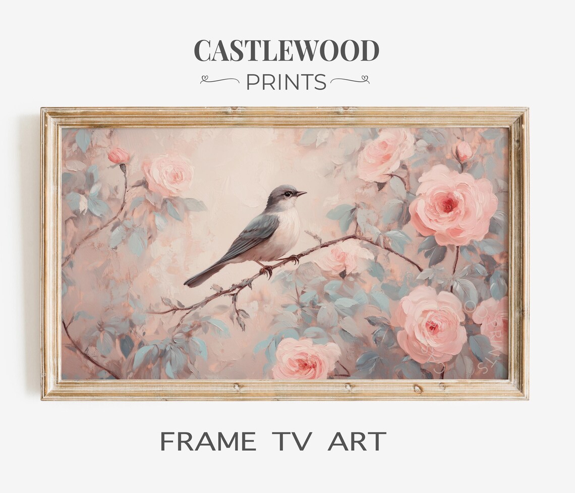 Songbird Perched On Pink Roses Branch Pastel Painting Art Poster
