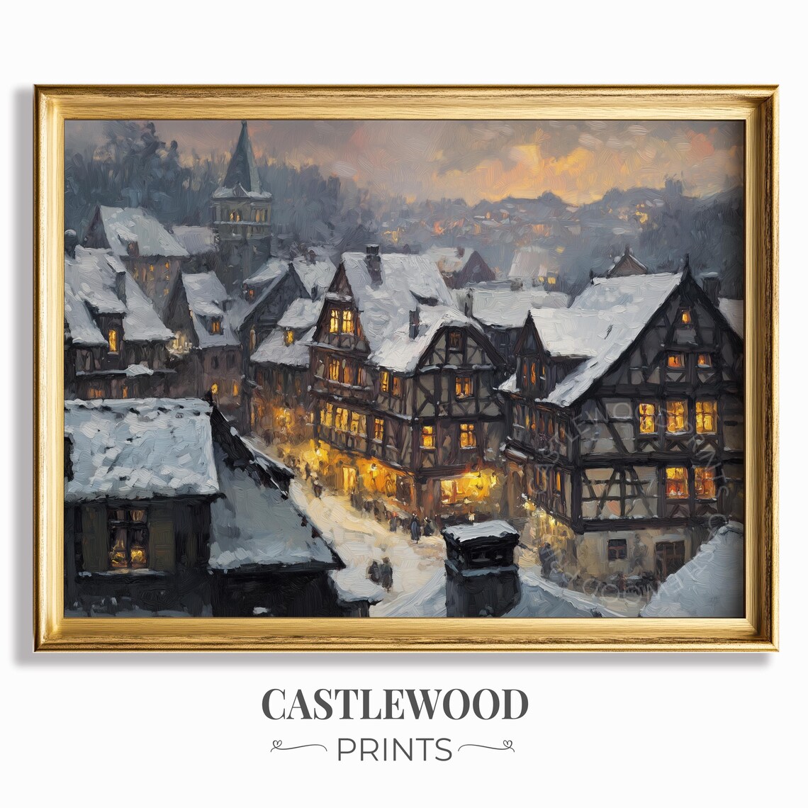 Snowy Bavarian Old Town At Dusk With Timber Houses Winter Art Poster