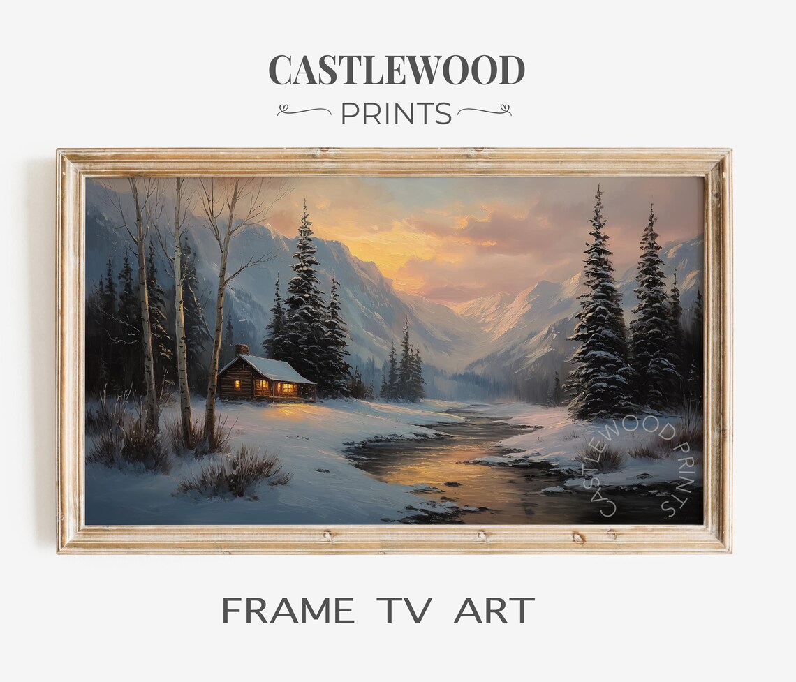 Winter Log Cabin By Snowy River At Dusk Mountain Landscape Poster